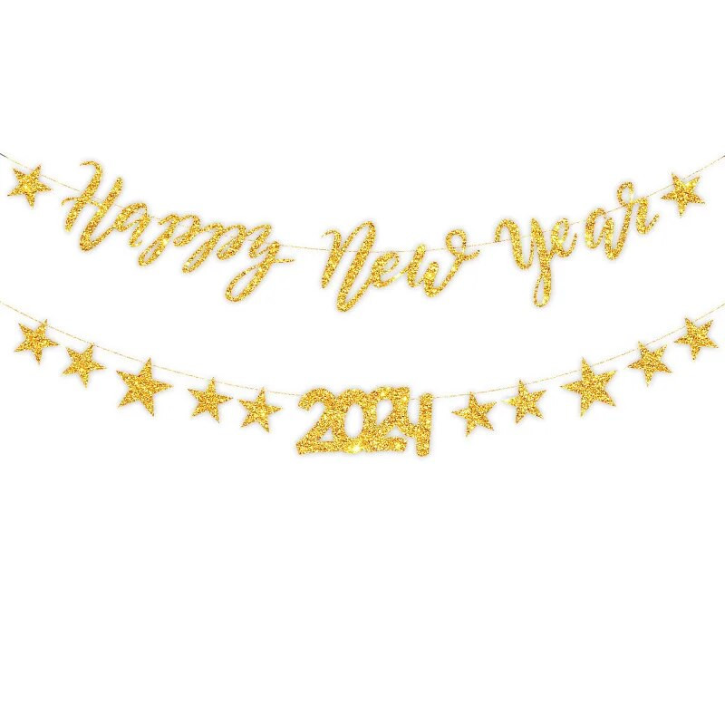 Vakarėlio puošmena Laimingų Naujųjų 2024 m. Penkių žvaigždučių vėliava traukiama vaikų Naujųjų metų vakarėlio fonas Kabanti girlianda