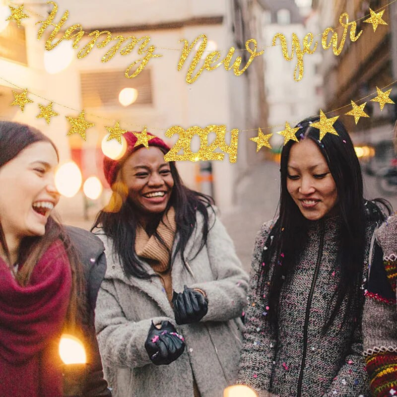 Vakarėlio puošmena Laimingų Naujųjų 2024 m. Penkių žvaigždučių vėliava traukiama vaikų Naujųjų metų vakarėlio fonas Kabanti girlianda