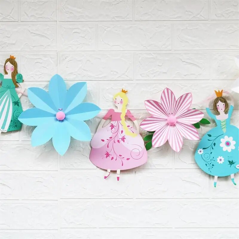 Princesės gėlių fėjos reklamjuostė Popierinė girlianda Gimtadienio vakarėlio vėliavos puošmena mergaitei kūdikių dušas Dovanų vakarėlio reklamjuostės dekoravimo reikmenys