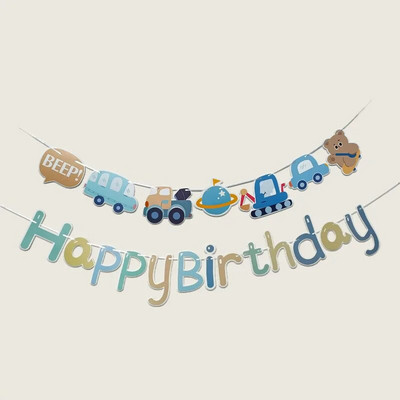 Macaron`s Birthday Decorate And Flag Cartoon Traffic Engineering Car Banner Alphabet Garland Χρόνια πολλά Διακόσμηση δωματίου για πάρτι