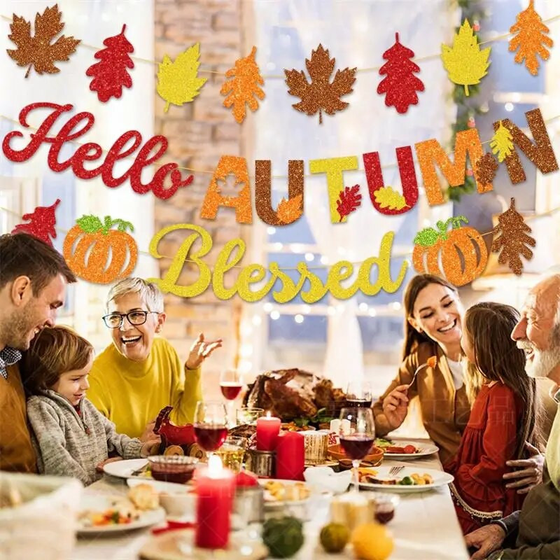 Padėkos vakarėlio dekoravimas Derliaus šventės vakarėlis Sveiki rudens klevas moliūgų traukimo vėliava Šventinis gimtadienio vakarėlis Kabanti girlianda