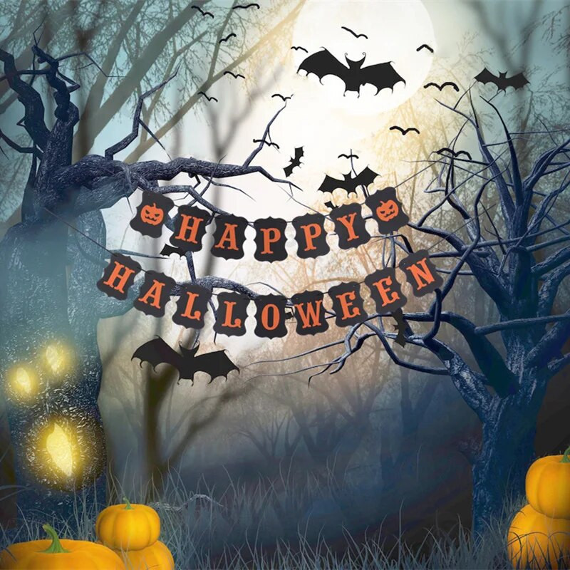 Helovino vakarėlio dekoravimas HAPPY HALLOWEEN Vėliavos traukimas Vaiduoklių namas Vaiduoklių festivalis Vakarėlio langas Kabantis šutvė girlianda „pasidaryk pats“