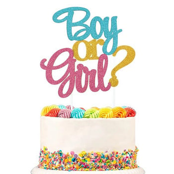 Glitter Boy or Girl Cake Toppers Gender Reveal Party Cake Διακοσμήσεις Ροζ Μπλε He or She Supplies Birthday Party Flags