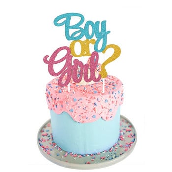 Glitter Boy or Girl Cake Toppers Gender Reveal Party Cake Διακοσμήσεις Ροζ Μπλε He or She Supplies Birthday Party Flags