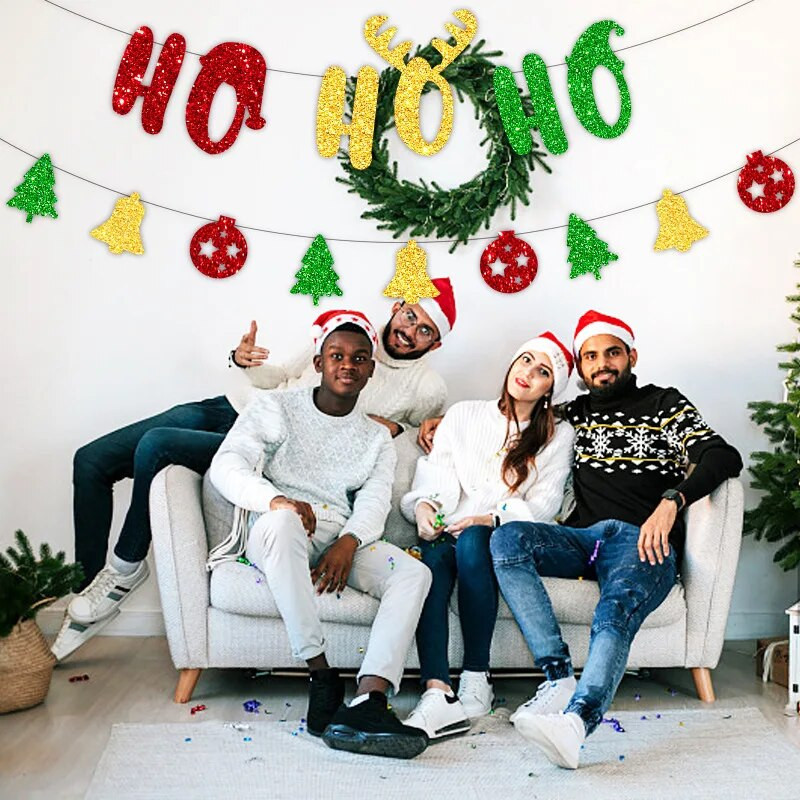 Kalėdiniai papuošalai Ho Ho Ho kalėdinė kepurė Dovanų dėžutė Kojinės Vėliava Reklaminė juosta Kalėdų Naujųjų Metų Navidad Fono kabanti girlianda Dekoracija