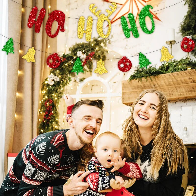 Kalėdiniai papuošalai Ho Ho Ho kalėdinė kepurė Dovanų dėžutė Kojinės Vėliava Reklaminė juosta Kalėdų Naujųjų Metų Navidad Fono kabanti girlianda Dekoracija