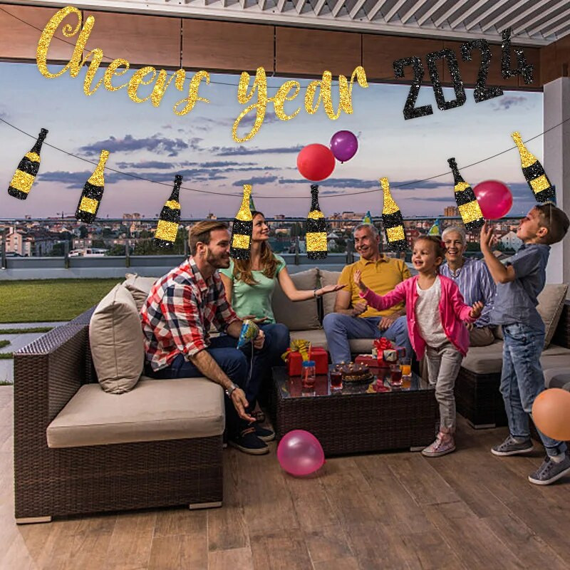 Vakarėlio dekoravimas Linksmų 2024 metų Naujųjų Metų vėliavos traukimas Vaikų Naujųjų Metų išvakarės Linksmų Naujųjų Metų Vakarėlis Kabanti girlianda „Pasidaryk pats“ dekoras