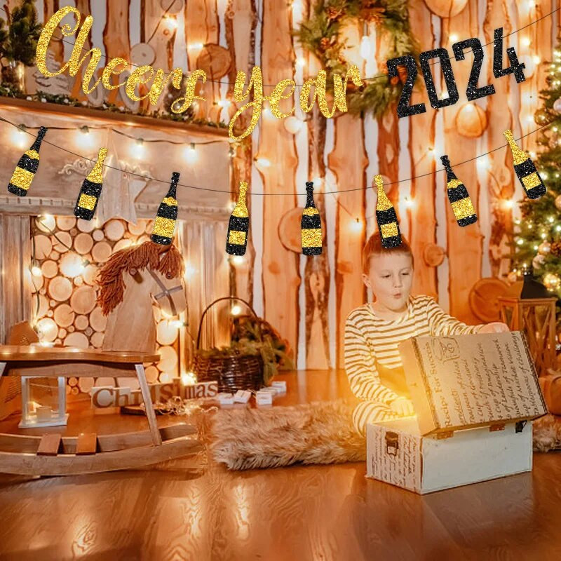 Vakarėlio dekoravimas Linksmų 2024 metų Naujųjų Metų vėliavos traukimas Vaikų Naujųjų Metų išvakarės Linksmų Naujųjų Metų Vakarėlis Kabanti girlianda „Pasidaryk pats“ dekoras