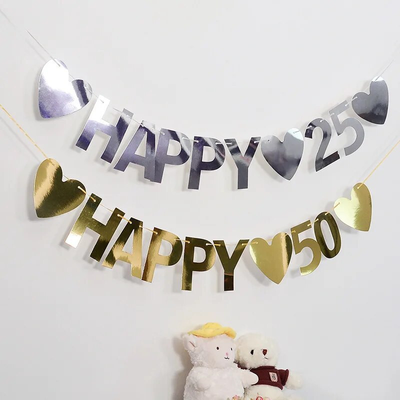 INS Style vakarėlio puošmena Auksinis sidabras HAPPY 25 50 vėliavos traukimas gimtadienio jubiliejaus vakarėlis pakabinamas girlianda „pasidaryk pats“ dekoratyvinis elementas