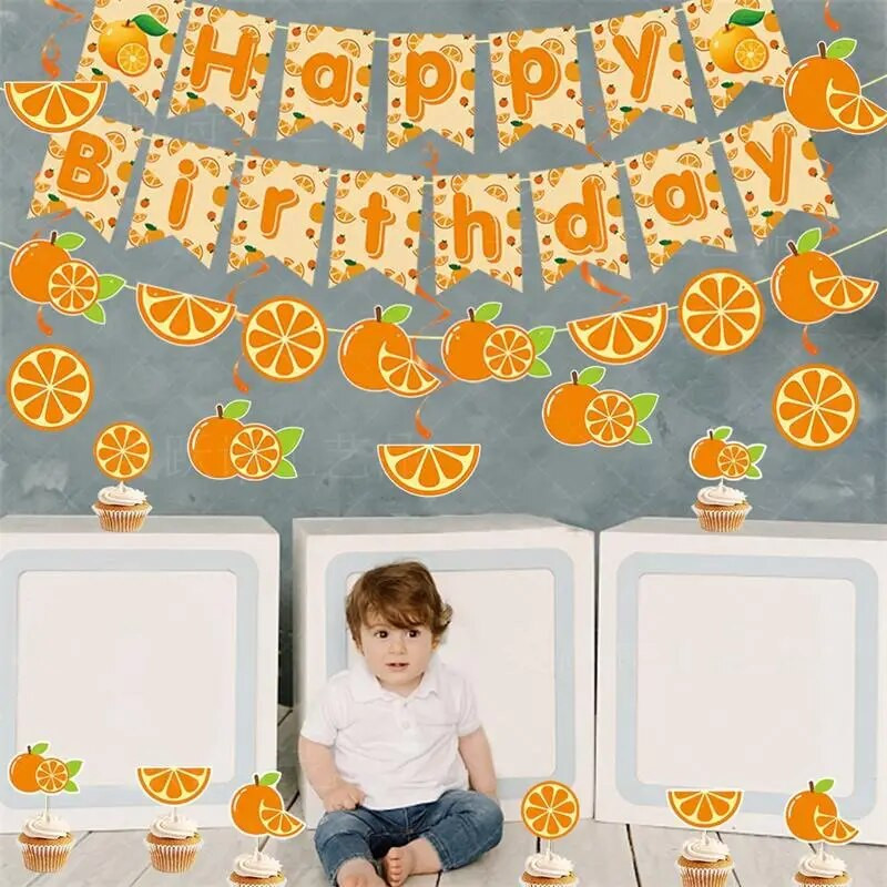 Apelsinų teminis vakarėlio dekoravimas Su gimtadieniu Vėliava Reklaminė juosta Vasaros vaisių vakarėlis Lubų sūkurinė girlianda Spiralinė kabanti scena Decorati