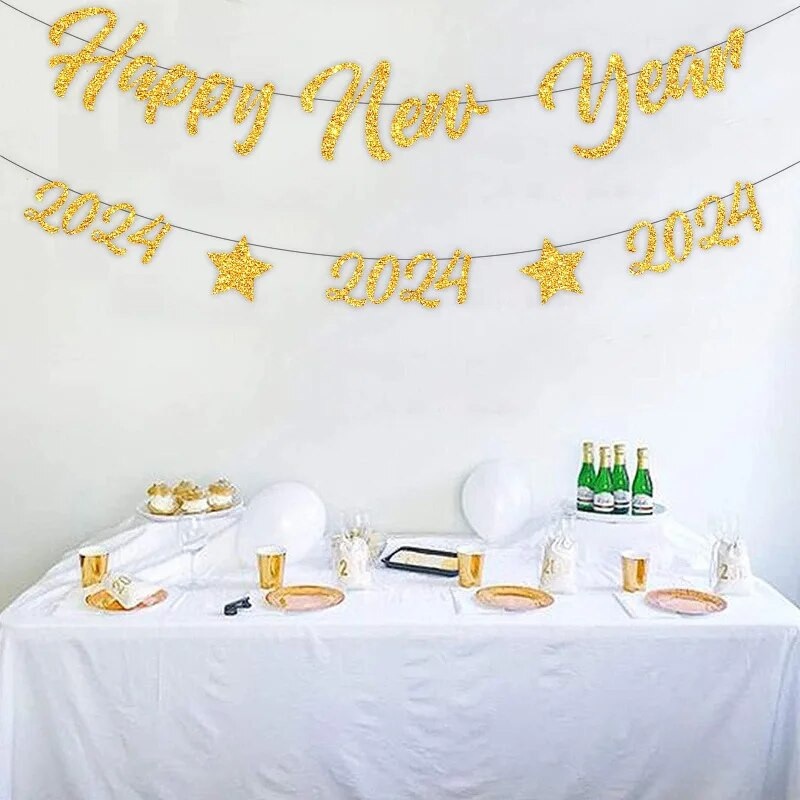 Vakarėlio puošmena Auksinė Laimingų Naujųjų Metų vėliavos traukimas 2024 Naujųjų metų vakarėlis Prekybos centro lango fonas Girliandos puošmenos
