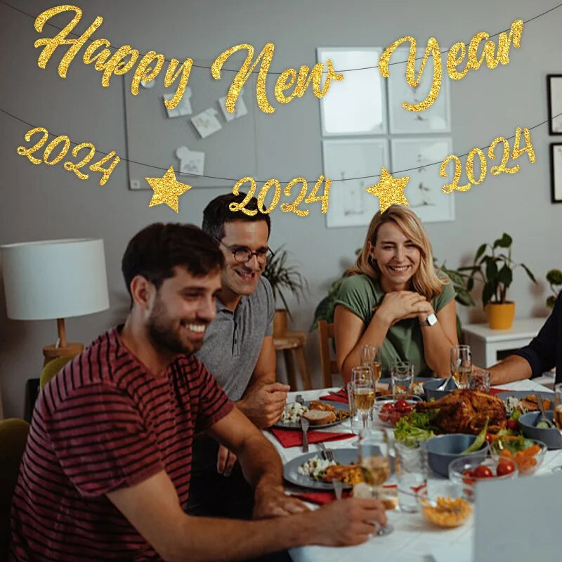 Vakarėlio puošmena Auksinė Laimingų Naujųjų Metų vėliavos traukimas 2024 Naujųjų metų vakarėlis Prekybos centro lango fonas Girliandos puošmenos