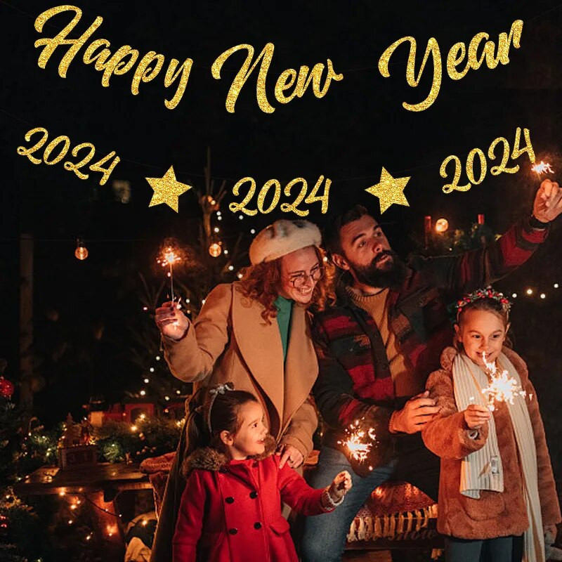 Vakarėlio puošmena Auksinė Laimingų Naujųjų Metų vėliavos traukimas 2024 Naujųjų metų vakarėlis Prekybos centro lango fonas Girliandos puošmenos