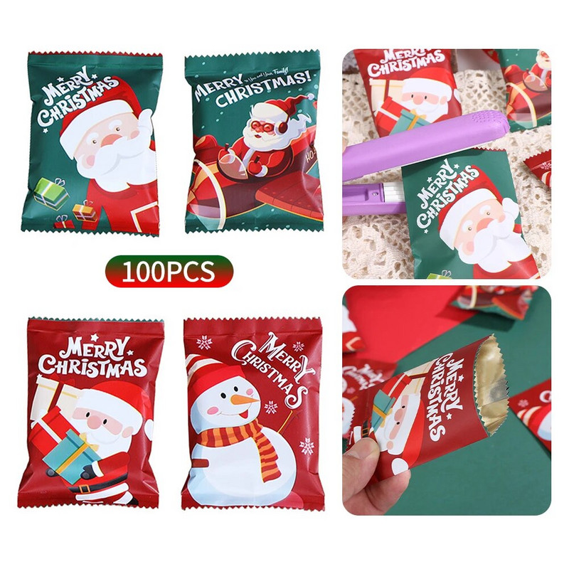 100 vnt mišrių spalvų saldainių maišelis Kalėdinių sausainių pakuotės aliuminio plėvelės kišenės vakarėlio dekoras Hot Seal Snowman Kalėdų senelio sausainių pakuotė