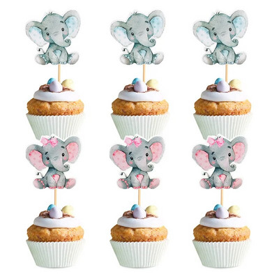 Topper pentru cupcake cu elefant, albastru, roz, 12 buc, pentru decorare pentru tort, pentru petrecerea de aniversare pentru copii, Favoruri pentru duș pentru copii