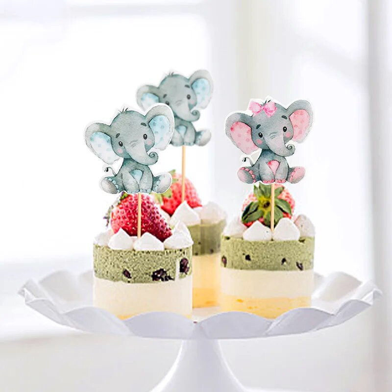 12 vnt. Mėlynos rožinės spalvos dramblio pyrago kepsnelis vaikams gimtadienio vakarėlio torto dekoravimas Kūdikių vakarėliui, lyčiai atskleidžiantys vakarėlio reikmenys