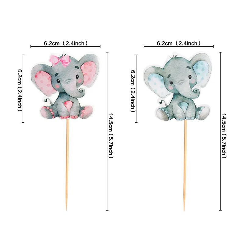 12 vnt. Mėlynos rožinės spalvos dramblio pyrago kepsnelis vaikams gimtadienio vakarėlio torto dekoravimas Kūdikių vakarėliui, lyčiai atskleidžiantys vakarėlio reikmenys