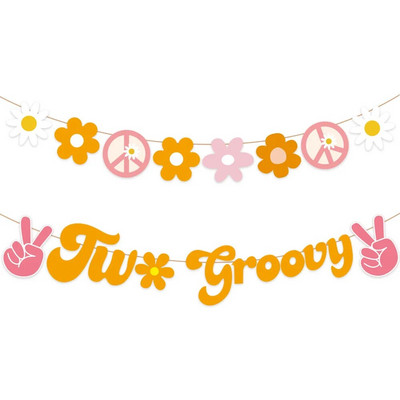 Hippy Bohemian Theme Two Groovy Daisy Pull Flag Σπιράλ μενταγιόν Γάμος Γάμος Καλωσόρισμα Baby Party Κρεμαστό κούτσουρο Διακόσμηση γιρλάντα