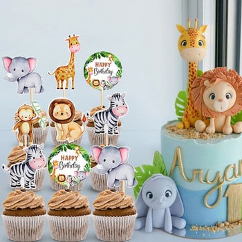 Wild Animal Cake Topper Cute Forest Safari Jungle Cartoon Animal Happy Birthday Cake Decoration Woodland Wild One Party Supplies