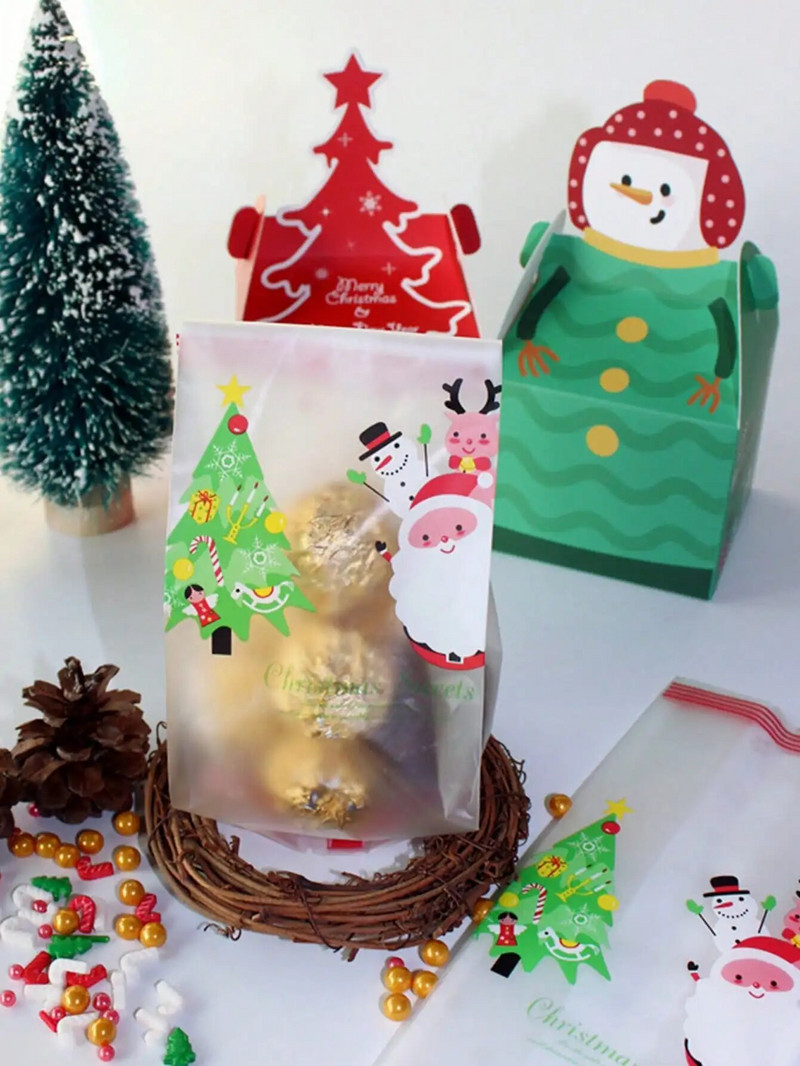 50vnt Kalėdų pakavimo maišeliai Senis Sniego senelis Kepimas Konditeriniai Maišeliai Nuga Saldainiai Sausainiai Vakarėlis Dovanos Namai, Viešbučio maistas Sausainių maišeliai