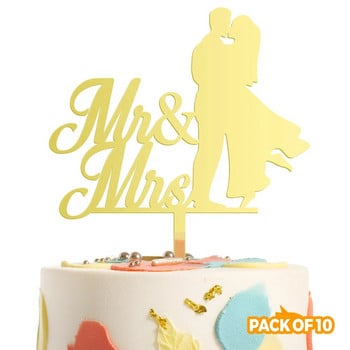【Ново пристигане】Опаковка от 10 бр. Mr & Mrs акрилна и хартиена украса за торта за торта за годежна сватба и булчински празник