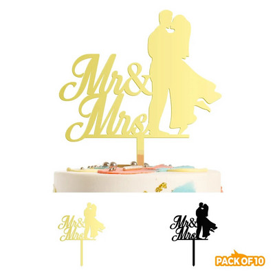 【Ново пристигане】Опаковка от 10 бр. Mr & Mrs акрилна и хартиена украса за торта за торта за годежна сватба и булчински празник
