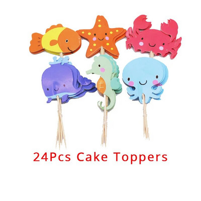 24 τμχ Ocean Animal Cupcake Toppers Under the Sea Διακοσμήσεις για πάρτι γενεθλίων για κορίτσια με θέμα τη γοργόνα