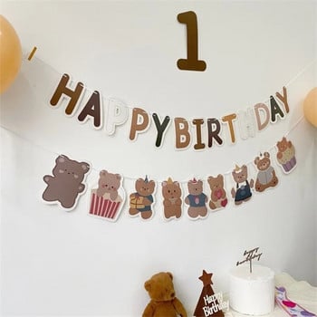 INS Style Happy Birthday Brown Bear Flag Banner Background Decoration Garland Props for Baby\'s First Birthday atThe Welcome Party