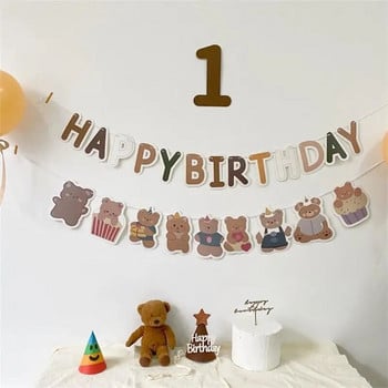 INS Style Happy Birthday Brown Bear Flag Banner Background Decoration Garland Props for Baby\'s First Birthday atThe Welcome Party