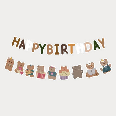 INS Style Happy Birthday Brown Bear Flag Banner Background Decoration Garland Props for Baby`s First Birthday atThe Welcome Party