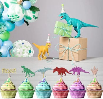 12 бр. Блестящи динозаври за капкейкчета Избори Декорации за торта с динозаври за момчета Детски рожден ден Животни Тематично парти Baby Shower