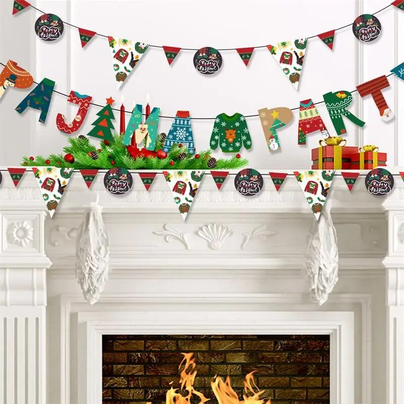 Kalėdinis pyragas Mielas pižama Laiškas Vėliava Vaikų Linksmų Kalėdų šventės vakarėlio fonas Kabanti šutvės girlianda „pasidaryk pats“ dekoracijos