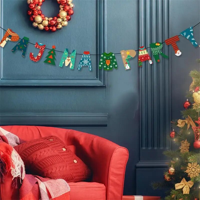 Kalėdinis pyragas Mielas pižama Laiškas Vėliava Vaikų Linksmų Kalėdų šventės vakarėlio fonas Kabanti šutvės girlianda „pasidaryk pats“ dekoracijos