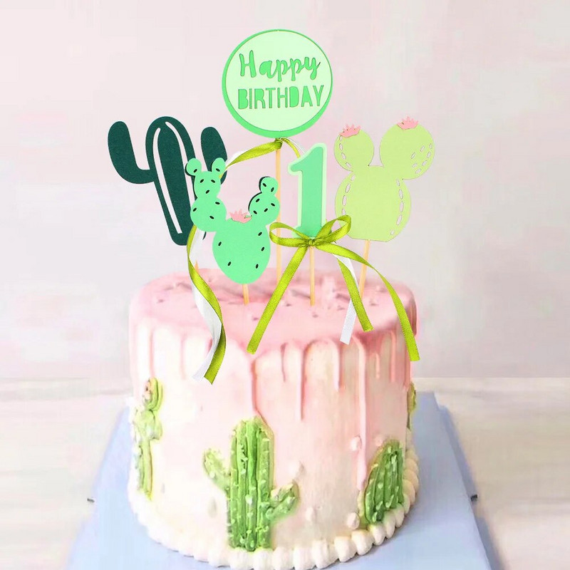 Happy Birthday Cake Topper Cactus Girland Cupcake Folio balionai, skirti Baby Shower 1-ojo gimtadienio lyčiai, atskleidžiantys torto vakarėlio dekoravimą