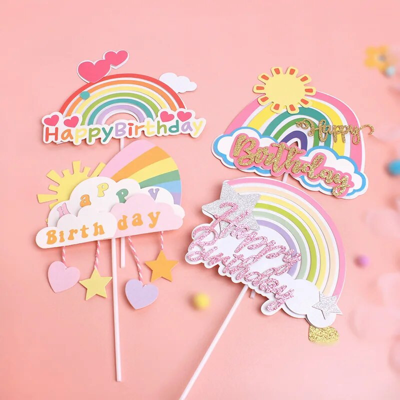 Happy Birthday Cake Topper Vaivorykštės širdelės torto puošmena, skirta kūdikių vakarėliui vaikams suaugusiems 1-ojo gimtadienio vakarėlio reikmenys