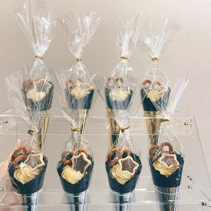 50 vnt permatomo kūgio saldainių pakavimo maišeliai Vestuvių gimtadienio Kalėdų vakarėlio reikmenys Celofaninis skaidrus spragėsių sausainių užkandžių maišelis