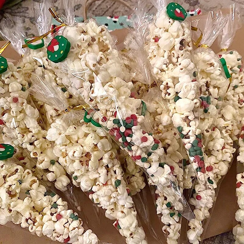 50 vnt permatomo kūgio saldainių pakavimo maišeliai Vestuvių gimtadienio Kalėdų vakarėlio reikmenys Celofaninis skaidrus spragėsių sausainių užkandžių maišelis