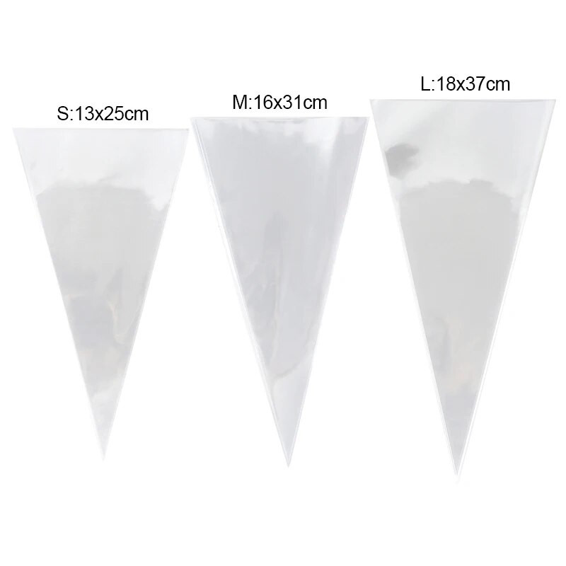 50 vnt permatomo kūgio saldainių pakavimo maišeliai Vestuvių gimtadienio Kalėdų vakarėlio reikmenys Celofaninis skaidrus spragėsių sausainių užkandžių maišelis