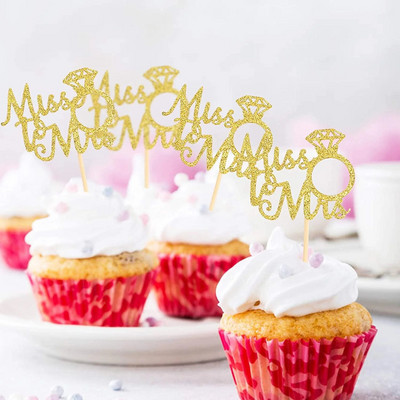 12 bucăți cu sclipici inel cu diamante Miss To Mrs Cupcake Toppers pentru nuntă, găină, petrecere de logodna, decorare tort, furnituri pentru duș de mireasă