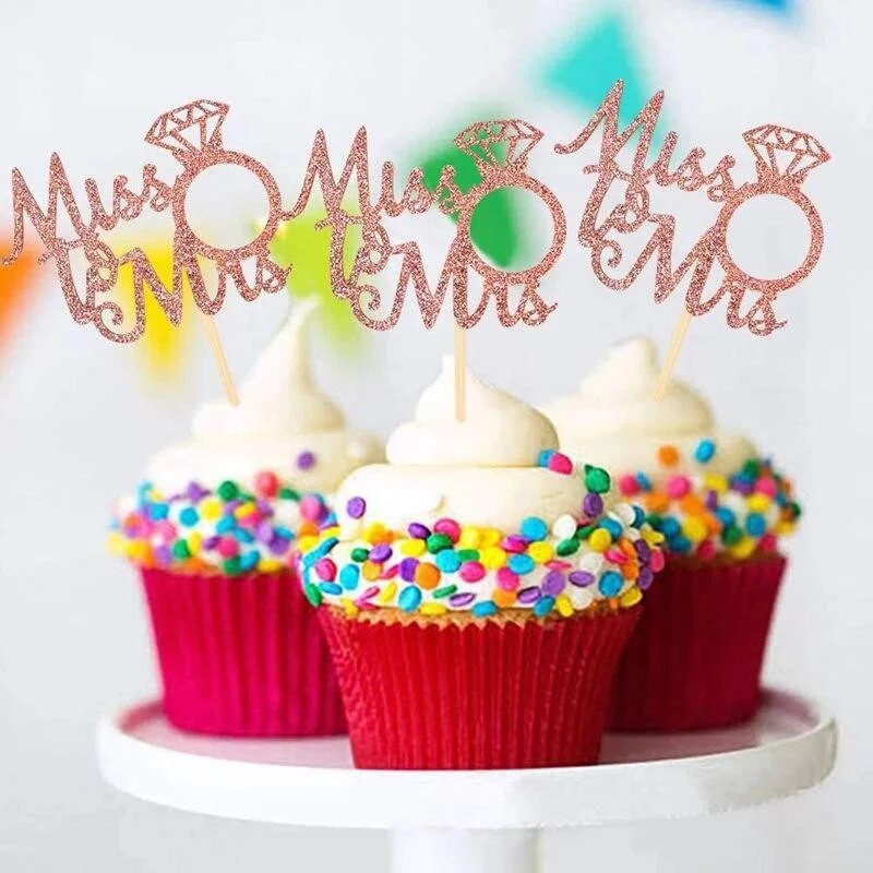 12 vnt Blizgantys deimantiniai žiedai Miss to Mrs Cupcake Priedai, skirti vestuvėms sužadėtuvių vakarėliui torto dekoravimui vestuvinio dušo reikmenys
