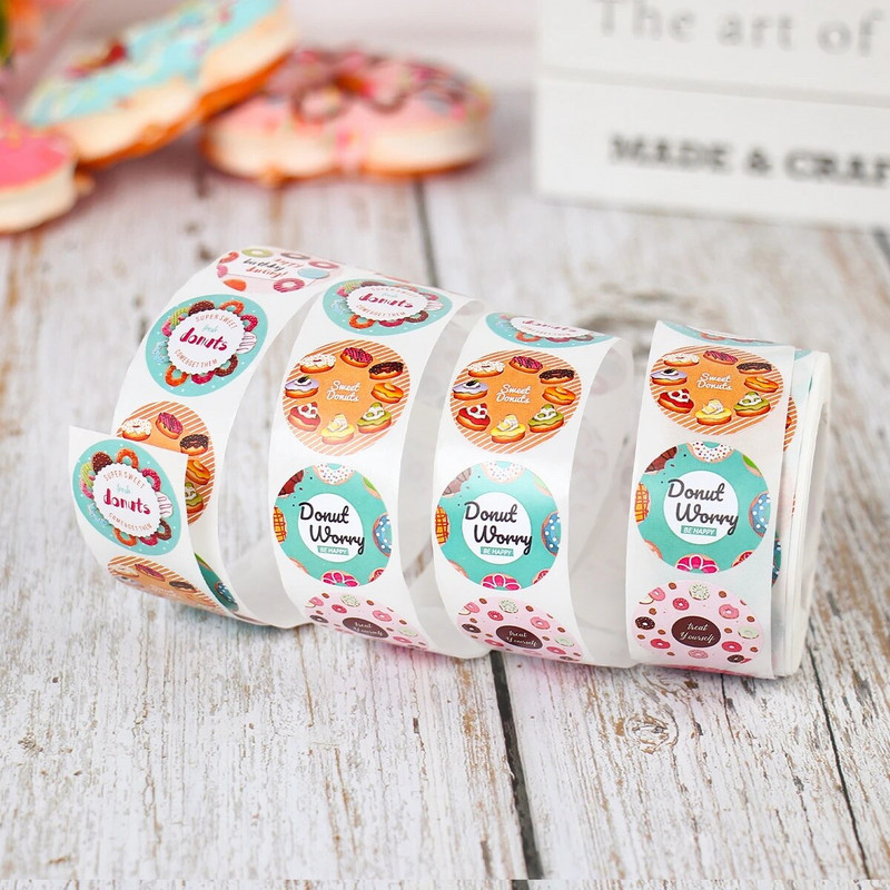 500 vnt. spurgų lipdukai 8 dizainai Skanus desertas, atrodantis rankų darbo spurgų etikečių lipdukai, skirti pyrago duonai kepti