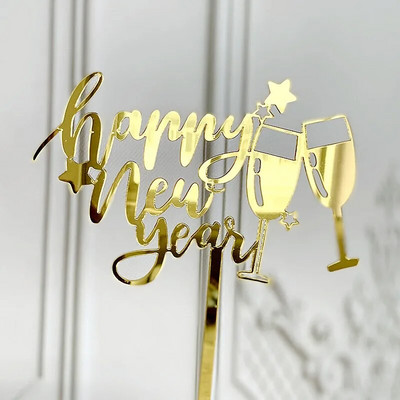 Acrylic Cake Topper Letter Happy New Year with Wine Glass Cheers Μπομπονιέρες ψησίματος παραμονής χρονιάς