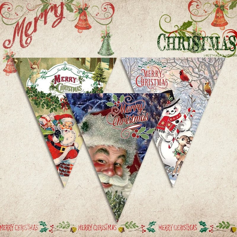 Kalėdų puošmena Vintažinis trikampis ištraukiamas vėliavos reklamjuostė Linksmų Kalėdų Naujųjų Metų Gimtadienis Vestuvių vakarėlis Kabanti skerdenos girliandos dekoras