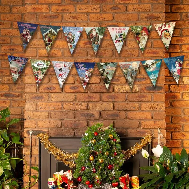 Kalėdų puošmena Vintažinis trikampis ištraukiamas vėliavos reklamjuostė Linksmų Kalėdų Naujųjų Metų Gimtadienis Vestuvių vakarėlis Kabanti skerdenos girliandos dekoras
