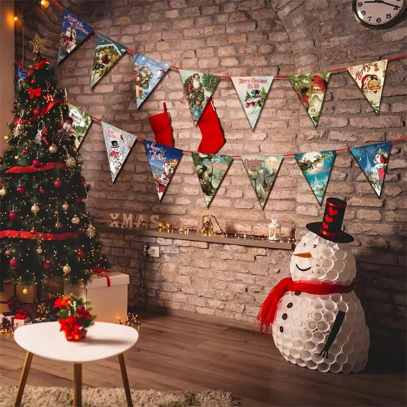 Kalėdų puošmena Vintažinis trikampis ištraukiamas vėliavos reklamjuostė Linksmų Kalėdų Naujųjų Metų Gimtadienis Vestuvių vakarėlis Kabanti skerdenos girliandos dekoras