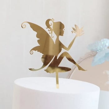 New Fairy Girls Happy Birthday Cake Topper Gold Acrylic Cute Angle Cake Topper for Baby Girls Birthday Party Cake Decorations