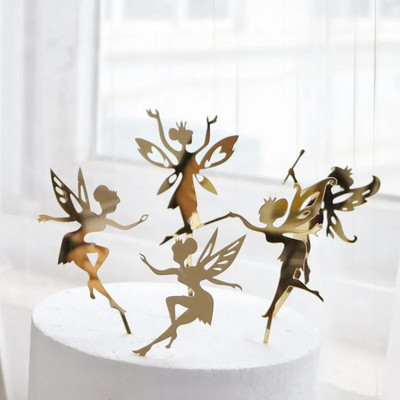 New Fairy Girls Happy Birthday Cake Topper Χρυσό ακρυλικό χαριτωμένο γωνιακό κάλυμμα κέικ για μωρά κορίτσια Διακοσμήσεις τούρτας γενεθλίων