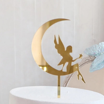 New Fairy Girls Happy Birthday Cake Topper Χρυσό ακρυλικό χαριτωμένο γωνιακό κάλυμμα κέικ για μωρά κορίτσια Διακοσμήσεις τούρτας γενεθλίων