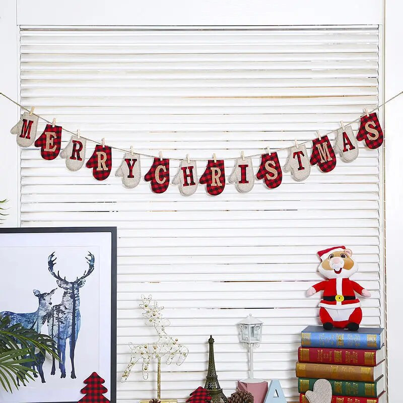 Kalėdinės reklaminės juostelės kalėdinės kojinės pirštinės Kalėdų eglutės trikampio vėliavos dekoracijos ir pakabinimo rinkiniai