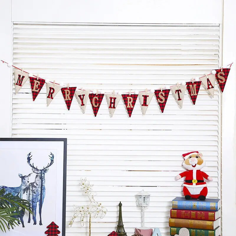 Kalėdinės reklaminės juostelės kalėdinės kojinės pirštinės Kalėdų eglutės trikampio vėliavos dekoracijos ir pakabinimo rinkiniai